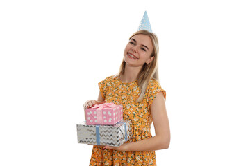Concept of Happy Birthday with young girl, isolated on white background