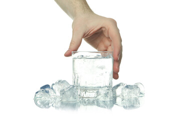 Male hand take glass of water with ice, isolated on white background