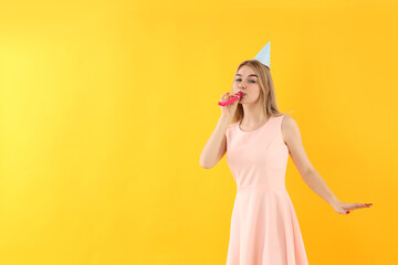 Concept of Happy Birthday with young woman, space for text