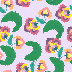 Abstract fantasy flowers. Watercolor flowers in folklore style. Seamless pattern on a lilac background.