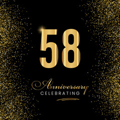 58 Year Anniversary Celebration Vector Template Design. 58 years golden anniversary sign. Gold glitter celebration. Light bright symbol for event, invitation, party, award, ceremony, greeting