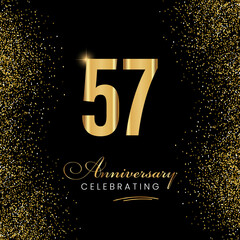 57 Year Anniversary Celebration Vector Template Design. 57 years golden anniversary sign. Gold glitter celebration. Light bright symbol for event, invitation, party, award, ceremony, greeting