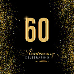 60 Year Anniversary Celebration Vector Template Design. 60 years golden anniversary sign. Gold glitter celebration. Light bright symbol for event, invitation, party, award, ceremony, greeting