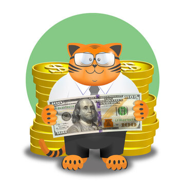 Illustration. Funny ginger smiling fat cat in a white shirt and black pants. Puss is a bank worker. Banknote of 100 dollars and large stacks of 3d gold coins
