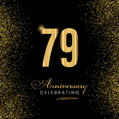 79 Year Anniversary Celebration Vector Template Design. 79 years golden anniversary sign. Gold glitter celebration. Light bright symbol for event, invitation, party, award, ceremony, greeting