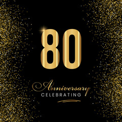 80 Year Anniversary Celebration Vector Template Design. 80 years golden anniversary sign. Gold glitter celebration. Light bright symbol for event, invitation, party, award, ceremony, greeting