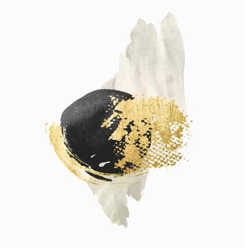 Abstract hand painted gold, black and gray stains on light gray background for your design