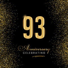 93 Year Anniversary Celebration Vector Template Design. 93 years golden anniversary sign. Gold glitter celebration. Light bright symbol for event, invitation, party, award, ceremony, greeting