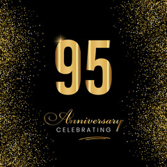 95 Year Anniversary Celebration Vector Template Design. 95 years golden anniversary sign. Gold glitter celebration. Light bright symbol for event, invitation, party, award, ceremony, greeting