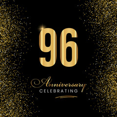 96 Year Anniversary Celebration Vector Template Design. 96 years golden anniversary sign. Gold glitter celebration. Light bright symbol for event, invitation, party, award, ceremony, greeting