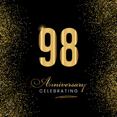 98 Year Anniversary Celebration Vector Template Design. 98 years golden anniversary sign. Gold glitter celebration. Light bright symbol for event, invitation, party, award, ceremony, greeting