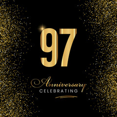 97 Year Anniversary Celebration Vector Template Design. 97 years golden anniversary sign. Gold glitter celebration. Light bright symbol for event, invitation, party, award, ceremony, greeting