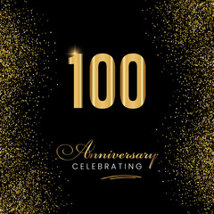 100 Year Anniversary Celebration Vector Template Design. 100 years golden anniversary sign. Gold glitter celebration. Light bright symbol for event, invitation, party, award, ceremony, greeting