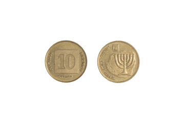ten Israeli agorot 2010 from both sides on a black background. Close-up