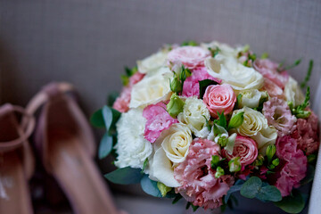 bridal morning still life shoes bouquet