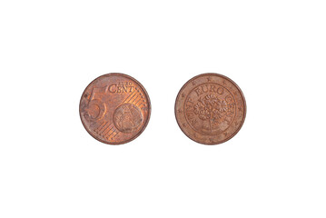 5 funt euro cent coin 2002 on a black background. Close-up on two sides.