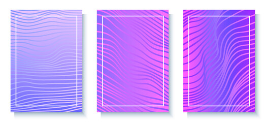 Abstract vibrant vector backgrounds with wavy pattern, in pink and purple gradient colors. Faded waves screen tone.