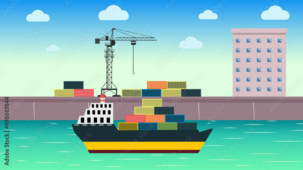 Poster transporting cargo with a ship vector. ship in a dockyard, getting cargo container by a crane. cargo