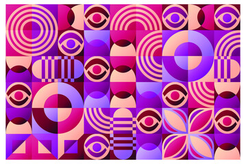 Bauhaus abstract vector geometric pattern background. Geometric shapes, red, blue, yellow, purple. Pattern with eyes and geometric shapes, circles, squares, triangles.