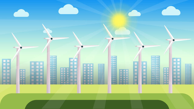 Windmills vector in an urban area on a sunny day. Natural power supply from windmills. Electricity production concept with windmills. Natural power supply concept in an urban area vector.