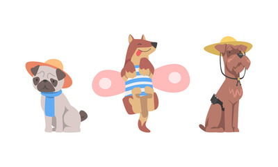 Cute dogs in funny costumes dressed for carnival party set cartoon vector illustration