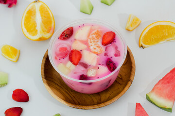 Sup Buah, fresh fruits mixed together with added milk, ice and fresh syrup.
