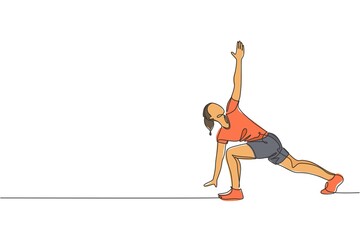 Single continuous line drawing of young sportive woman training side lunge windmill pose in sport gymnasium club center. Fitness stretching concept. Trendy one line draw design vector illustration - obrazy, fototapety, plakaty