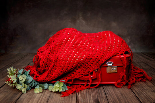 Newborn Baby Digital Background rustic/retro red suitcase and crocket knit on a dark brown wood floor
