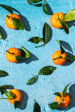 Tropical tangerines with leaves on blue surface