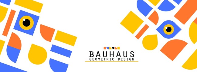 Bauhaus style flye. Journal magazine album cover with abstract geometric 2d shapes and eye. Banner template with set of simple colorful forms. Vector card illustration on white background.