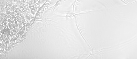 Transparent white clear water wave surface texture with splashes and bubbles. Abstract summer...