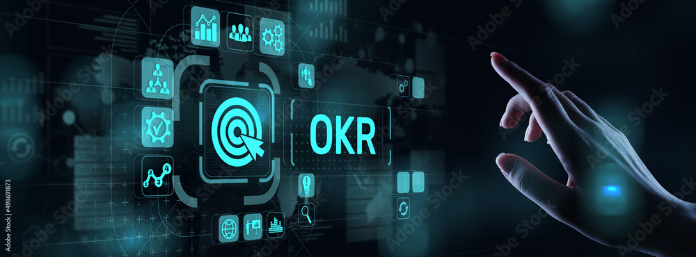 Poster objective key results business technology process improvement concept on virtual screen.