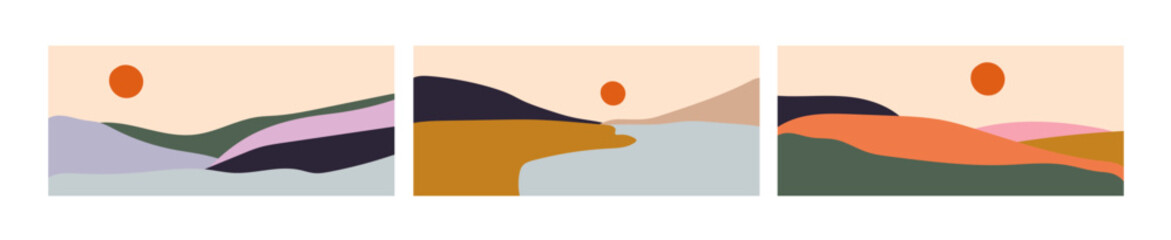Collection of modern minimalistic simple abstract landscapes with sun (sunset or sunrise) on beige background