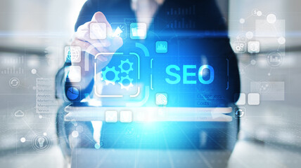 Fototapeta na wymiar SEO - Search engine optimisation, Digital Internet marketing concept on virtual screen.