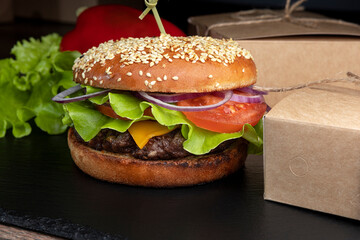 burger on dark background with french fries