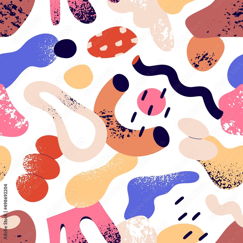 Aufkleber Seamless pattern with abstract shapes. Modern texture with repeating geometric print. Endless background with doodle geometry, random brush strokes, liquid figures. Colored flat vector illustration