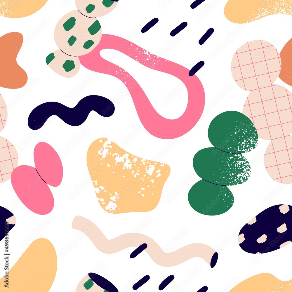 Aufkleber Seamless abstract pattern with geometric shapes. Endless texture with repeating print. Modern creative background with random doodle geometry. Colored flat vector illustration for wrapping, fabric