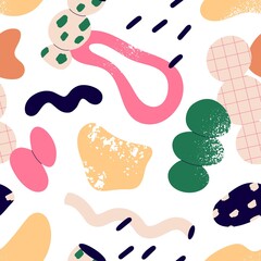 Seamless abstract pattern with geometric shapes. Endless texture with repeating print. Modern creative background with random doodle geometry. Colored flat vector illustration for wrapping, fabric