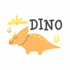 Children's poster with a cute dinosaur. Hand-drawn illustration with dino. The illustration is suitable for pints, nursery posters, postcards. Vector illustration.
