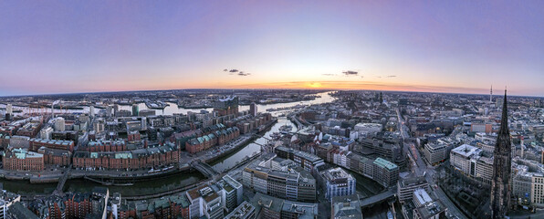 Hamburg sunset phase from top of the downtown city shape