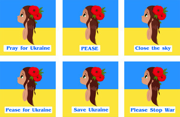 Slogans stop the war, peace, peace in Ukraine, pray for Ukraine, save Ukraine, please stop the war. The child is crying on the background of the Ukrainian flag