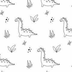 Childish seamless pattern with dinosaurs. Hand-drawn pattern with cute dino. Vector illustration. The pattern is suitable for fabrics, wrapping paper and prints. Doodle style.
