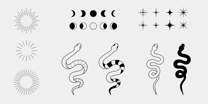 Hand drawn elegant celestial and mystic set of moon phases, stars, snakes and round boho frames. Aesthetic collection, perfect for logo design and branding