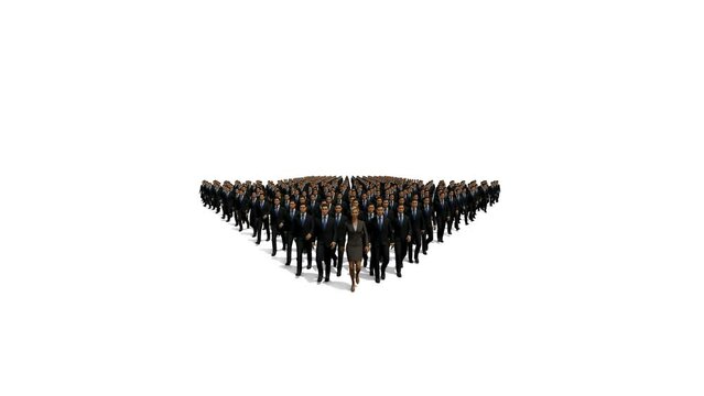 Businessmen with a businesswoman in front forming arrow shape pointing down, hd, against white