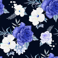luxury navy blue and purple watercolor floral seamless pattern