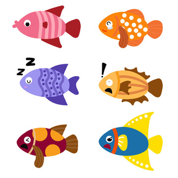 Cute fish vector collection. Baby kids collection. Isolated. White background. Flat design