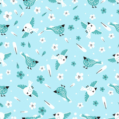 Modern floral pattern, flowers, feathers and birds in blue and light colors. Seamless pattern. Modern design for paper, cover, fabric, decor, print. On an isolated white background pastel colors