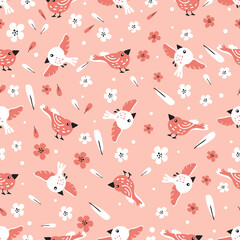 Modern floral pattern, flowers, feathers and birds in red and light colors. Seamless pattern. Modern design for paper, cover, fabric, decor, print. On an isolated white background pastel