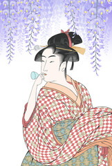 ポッピンを吹く女　ビードロを吹く娘　藤　花