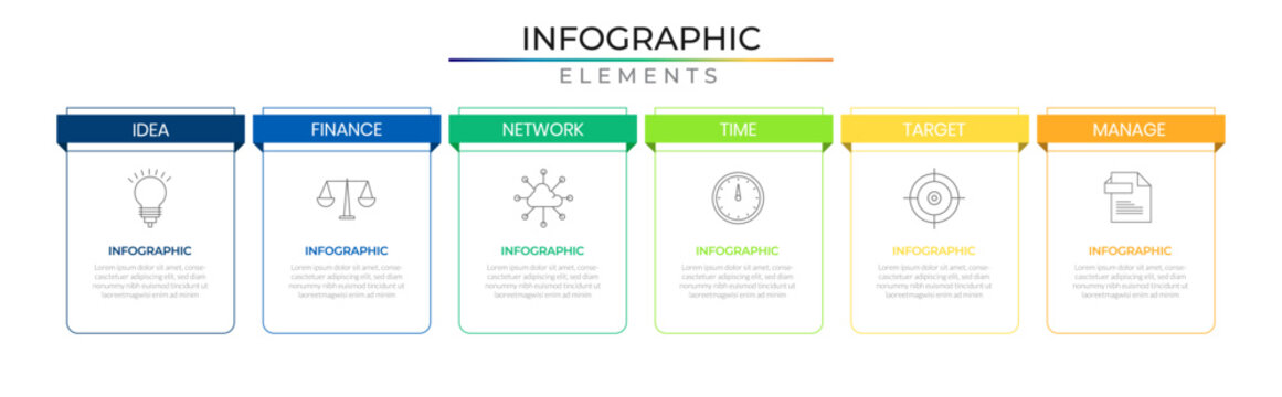 Minimal workflow infographic elements plan concept design vector with icons. Rectangle six steps business timeline network project template for presentation and report.